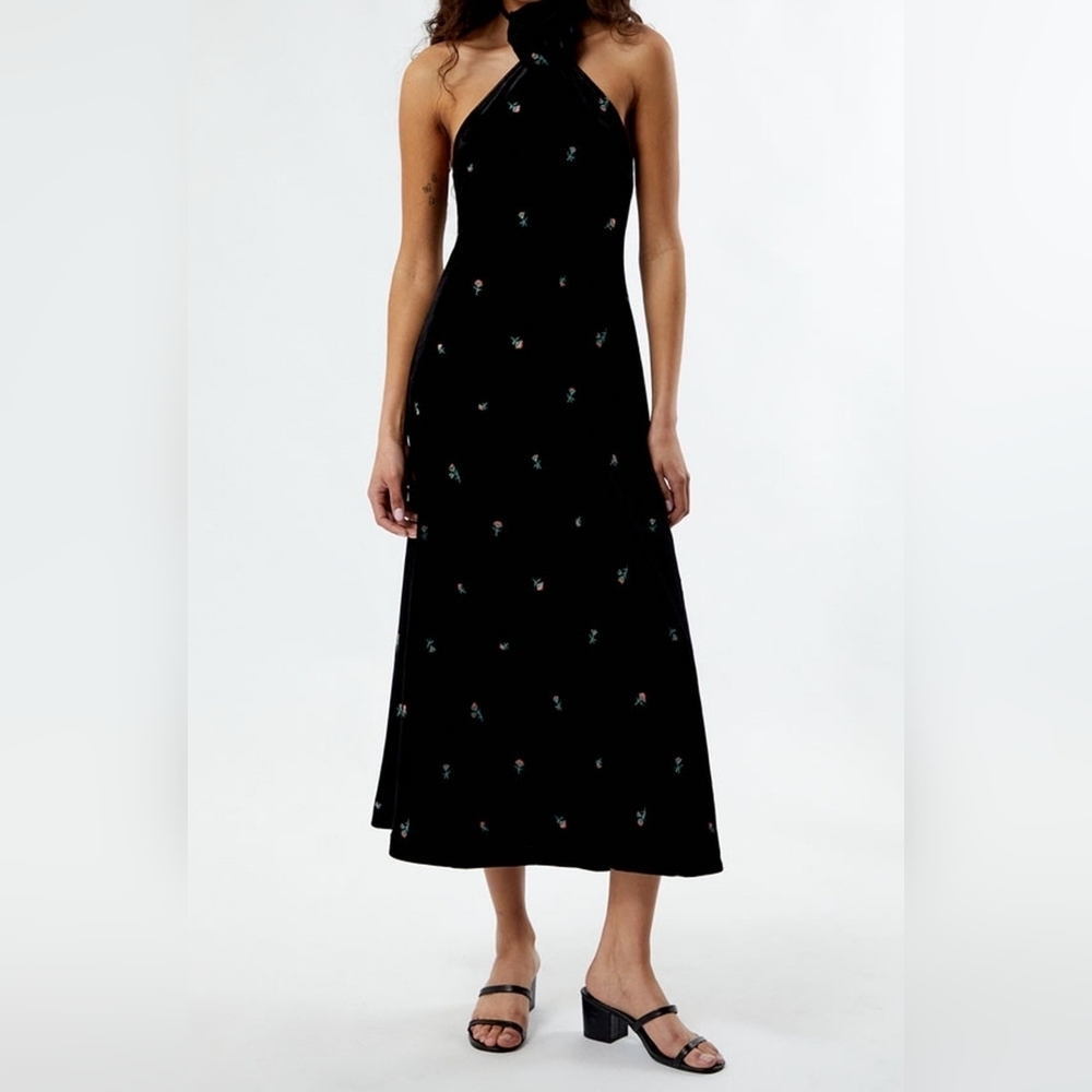 WeWoreWhat Women's High Neck Velvet Flower Halter Midi Dress, Black, Size Medium - Picture 5 of 15